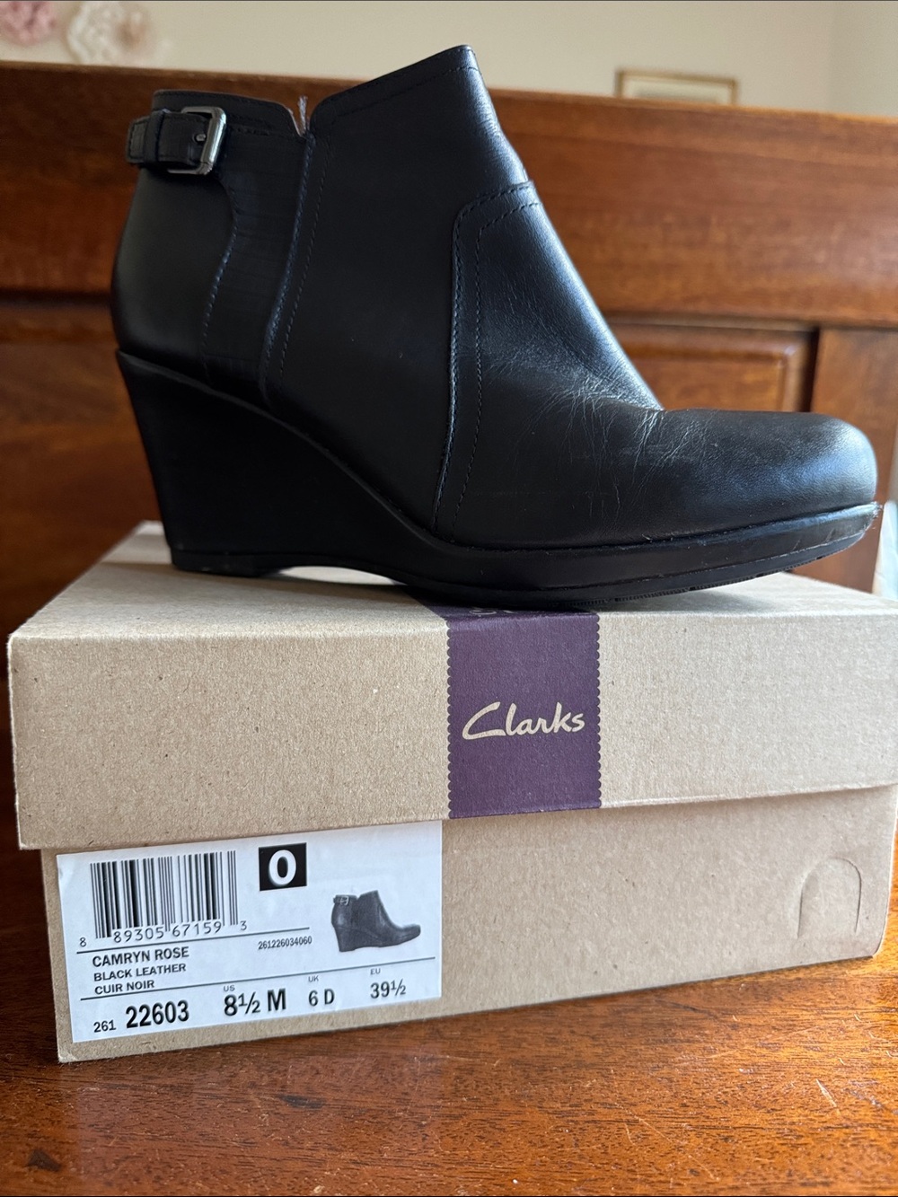 Clarks Black Leather Wedge Ankle Boot with Buckle